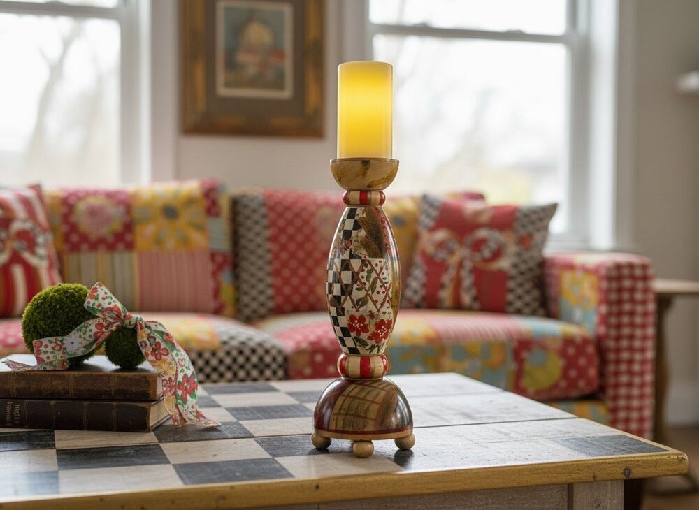 Vintage Bombay Co 15" Pillar Harlequin Stripe Whimsical Candlestick